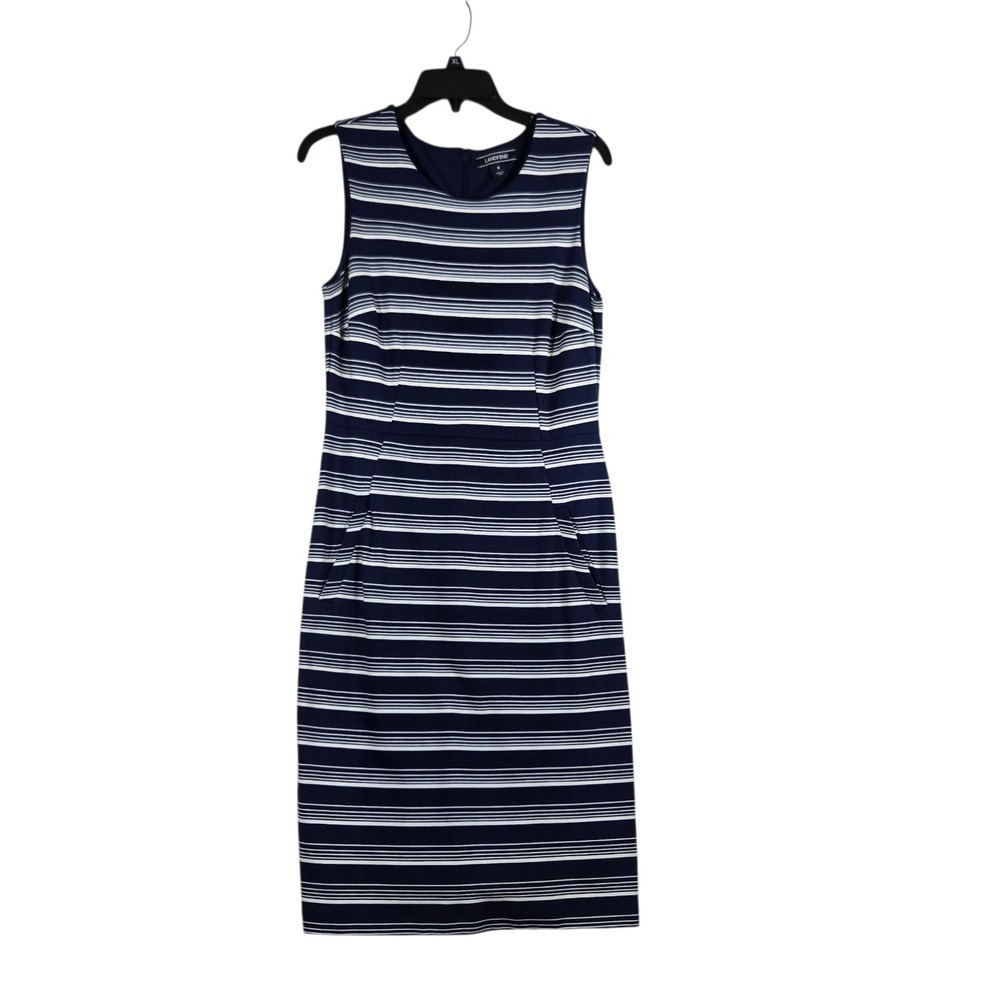 Lands' End Knit Dress Womens 8 Blue White Striped Sleeveless Midi Length